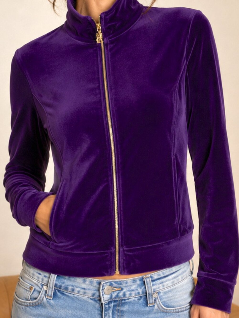 Lauren Ralph Lauren Purple Velour Track Jacket Gold Charm NWT Large